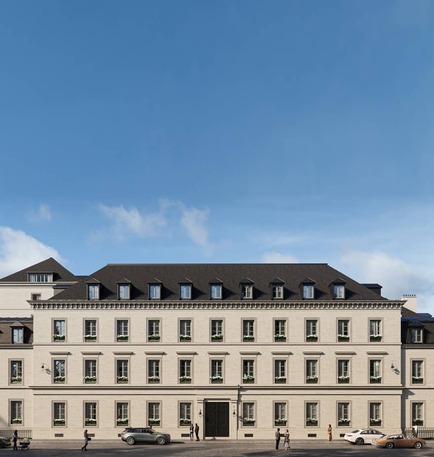 Elegant hotel facade with symmetrical windows and black mansard roof, under a clear blue sky with light pedestrian activity.
